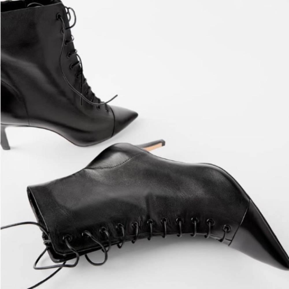 ZARA Leather Lace-up Mid-heel Ankle Boots Black 37
